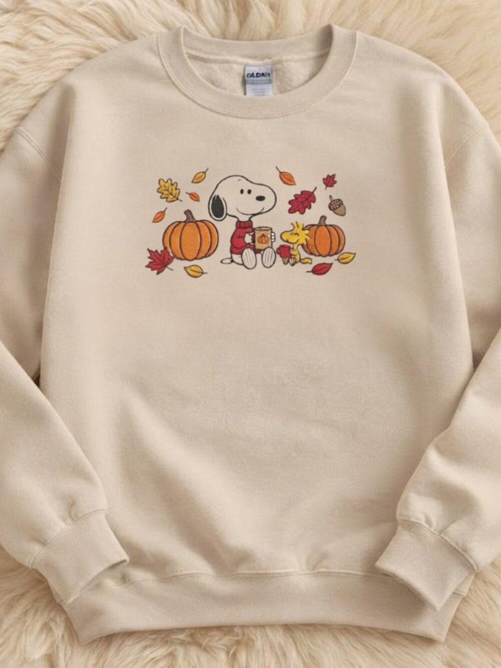 Gildan Sand Snoopy In Autumn Crewneck Graphic Sweatshirt